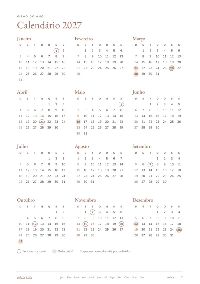 Calendário anual de 2027 com os feriados nacionais circulados e as datas cristãs destacadas.