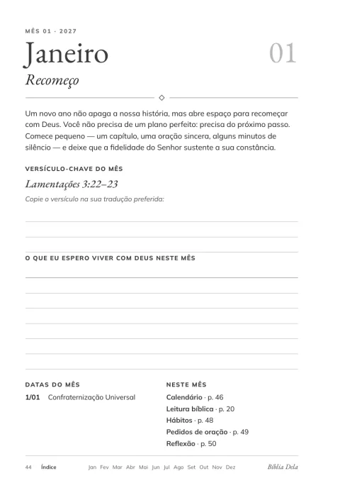 Abertura de janeiro na edição impressa, em preto e branco, com tema, versículo-chave e linhas para escrever.
