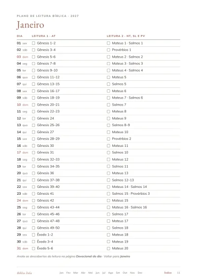 Plano de leitura de janeiro: uma linha por dia, com a Leitura 1 do Antigo Testamento e a Leitura 2 do Novo Testamento, Salmos e Provérbios.