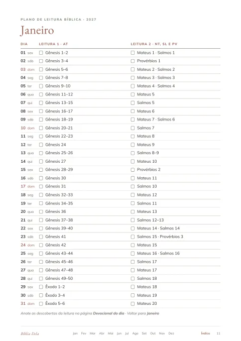 Plano de leitura de janeiro: uma linha por dia, com a Leitura 1 do Antigo Testamento e a Leitura 2 do Novo Testamento, Salmos e Provérbios.